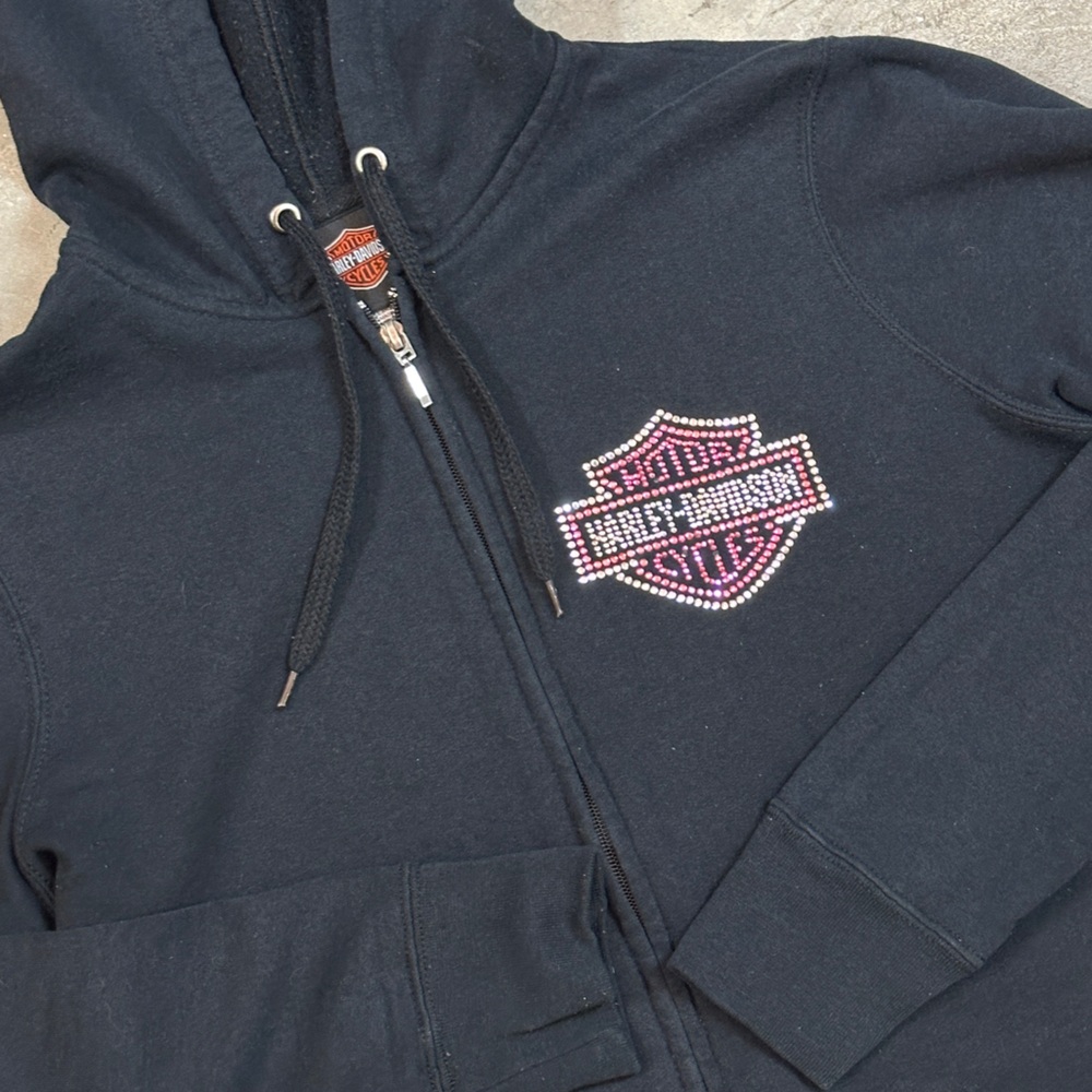 Harley Davidson Bling Full Zip Black Pink Hooded Sweatshirt Chicago IL Large - Picture 2 of 9